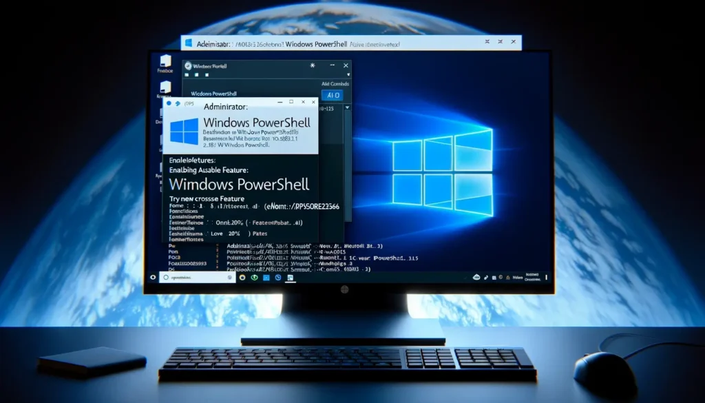 An image of a computer monitor displaying an open Windows PowerShell window with administrative privileges. The window has a blue title bar with 'Administrator: Windows PowerShell' at the top. The PowerShell interface shows white text on a black background, detailing the execution of commands related to the Windows Subsystem for Linux (WSL).